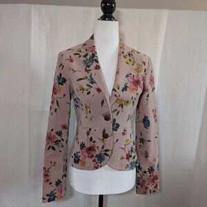 Tristan & Iseut Pink Floral Velvet Blazer Gold Accents Size XS Feminine Tailored